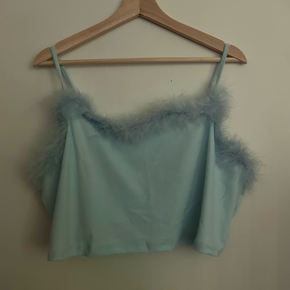 Women's Blue Fuzzy Trim Top